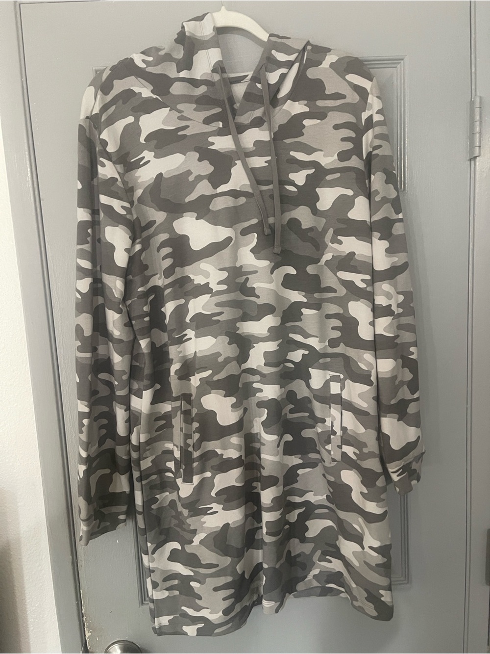 Soho Hooded Long Sleeve Dress in Gray Camo